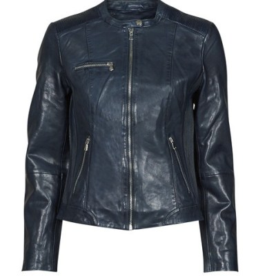 NAF NAF CENTAURE Faux Leather Jacket in Marine ~ womens blue zip detail jackets ~ spartoo women’s fashion