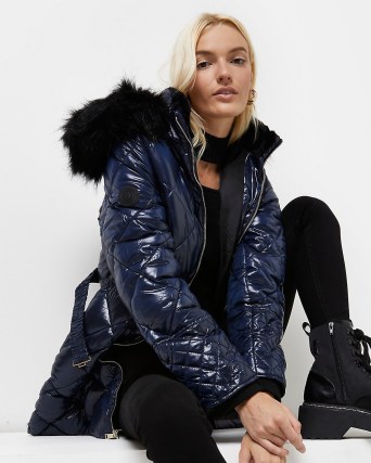 RIVER ISLAND Navy longline belted padded coat ~ blue quilted faux fur hood coats ~ on-trend winter outerwear - flipped