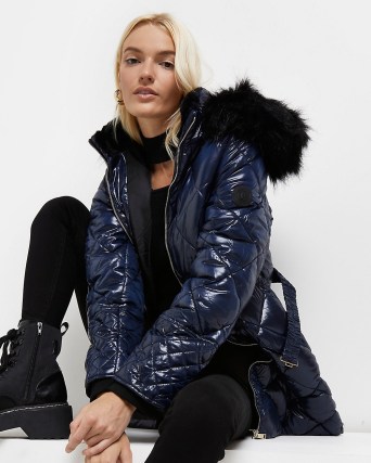 RIVER ISLAND Navy longline belted padded coat ~ blue quilted faux fur hood coats ~ on-trend winter outerwear