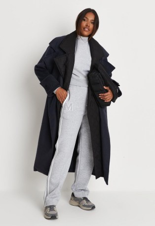 MISSGUIDED navy quilt lining detail belted trench coat ~ fashionable dark blue tie waist winter coats - flipped