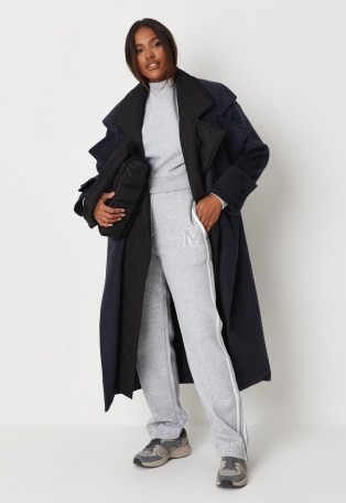 MISSGUIDED navy quilt lining detail belted trench coat ~ fashionable dark blue tie waist winter coats