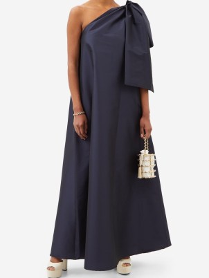 BERNADETTE Winnie bow-trimmed taffeta A-line dress in navy – dark blue one shoulder occasion dresses – elegant event fashion - flipped