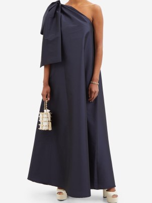 BERNADETTE Winnie bow-trimmed taffeta A-line dress in navy – dark blue one shoulder occasion dresses – elegant event fashion