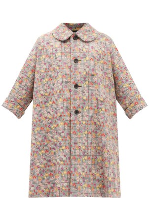 COMME DES GARÇONS COMME DES GARÇONS Floral-embroidered Glen-check tailored coat / womens vintage style mixed print coats / women’s checked retro outerwear