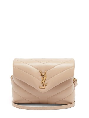 SAINT LAURENT Loulou Toy beige quilted-leather cross-body bag – small luxe shoulder bags – luxury padded chunky style handbags – YSL logo plaque bags - flipped