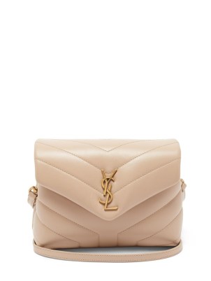 SAINT LAURENT Loulou Toy beige quilted-leather cross-body bag – small luxe shoulder bags – luxury padded chunky style handbags – YSL logo plaque bags