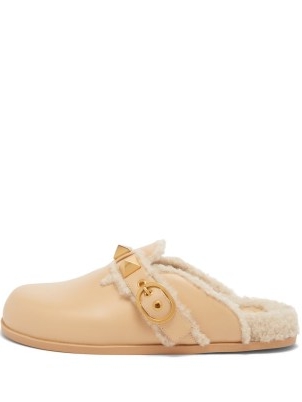 VALENTINO GARAVANI Roman Stud shearling backless loafers in beige | luxe style casual flat mules