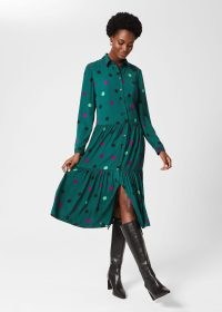 HOBBS NORY MIDI DRESS Green Multi / tiered spot print shirt dresses