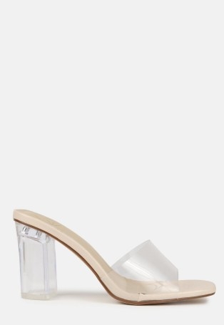 MISSGUIDED nude wide fit clear block mid heel mules / chunky transparent mule sandals - flipped