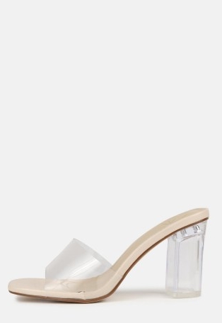 MISSGUIDED nude wide fit clear block mid heel mules / chunky transparent mule sandals