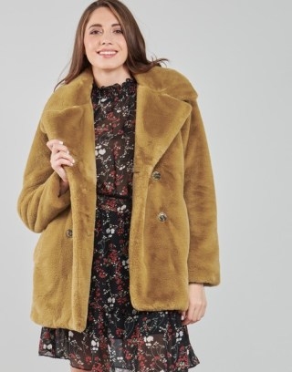 OAKWOOD PERSHING Faux Fur Coat in Camel – light brown winter coats ~ spartoo womens outerwear - flipped