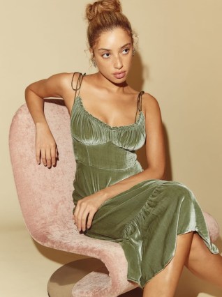 Reformation Oda Velvet Dress in Artichoke – strappy luxe green smocked bodice dresses - flipped