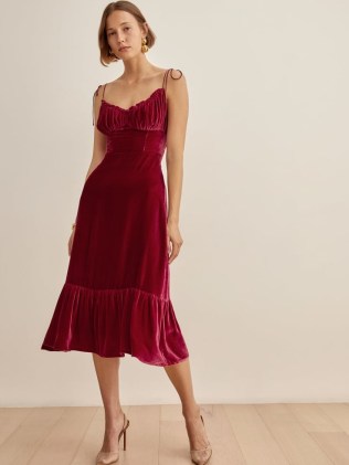 REFORMATION Oda Velvet Dress Crimson / red skinny tie strap fitted bodice dresses - flipped