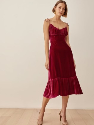 REFORMATION Oda Velvet Dress Crimson / red skinny tie strap fitted bodice dresses