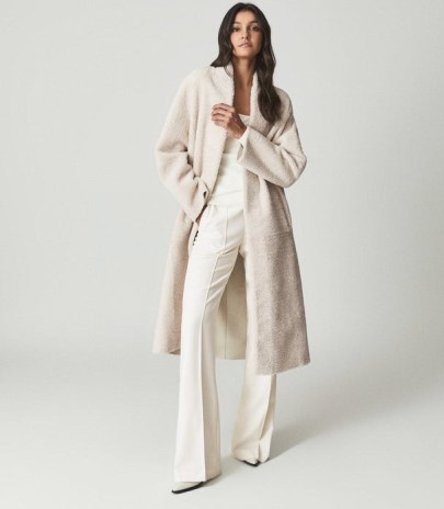 REISS ODETTE SHEARLING COAT CREAM ~ women’s luxe open front longline coats ~ womens luxury winter outerwear - flipped