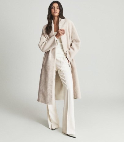 REISS ODETTE SHEARLING COAT CREAM ~ women’s luxe open front longline coats ~ womens luxury winter outerwear
