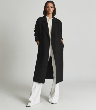 REISS OLIVE WOOL BLEND OVERSIZED OVERCOAT BLACK ~ chic wrap style tie waist coats ~ womens classic winter outerwear - flipped
