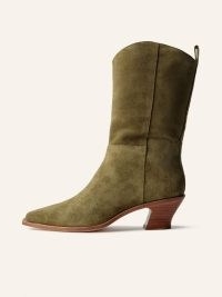 REFORMATION Onesta Western Boot in Olive Suede ~ green calf length curved block heel boots