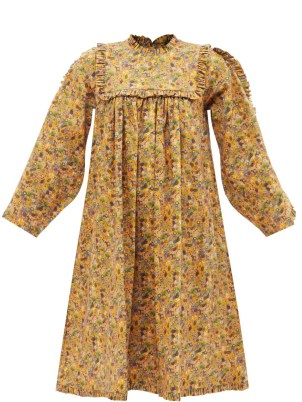 KIKA VARGAS Floral-print cotton-blend poplin dress in orange / vintage style long sleeve ruffle yolk dresses - flipped