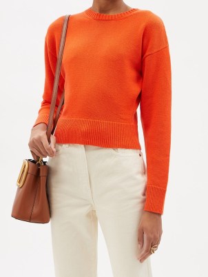 VALENTINO Orange logo-intarsia cropped cashmere sweater / womens bright designer sweaters / women’s knitwear / drop shoulder jumpers - flipped