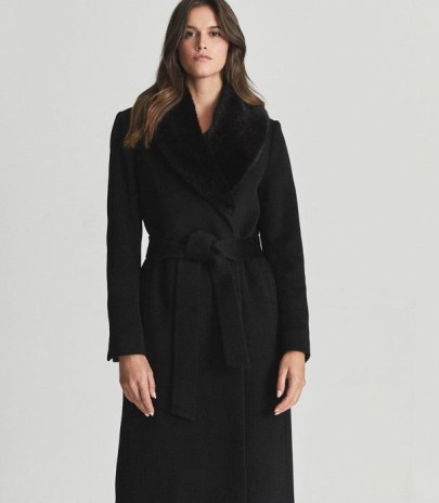 PACEY FAUX FUR SHAWL COLLAR OVERCOAT BLACK ~ chic belted tie waist coats