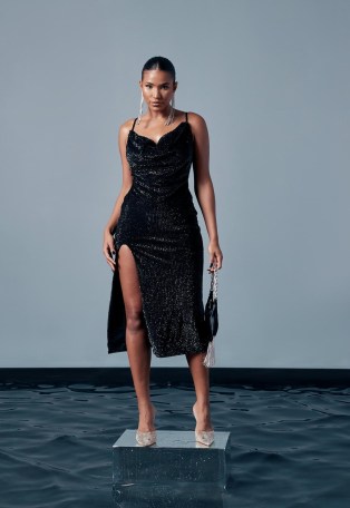 peace + love black sequin cowl neck midi dress / strappy sequinned party dresses / thigh high split hem evening fashion - flipped