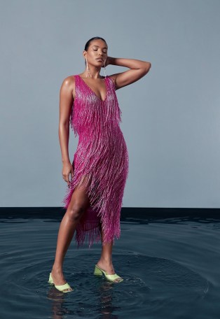 peace + love pink beaded fringe midaxi dress / shimmering sleeveless bead covered evening dresses / glamorous fringed going out fashion / party glamour - flipped