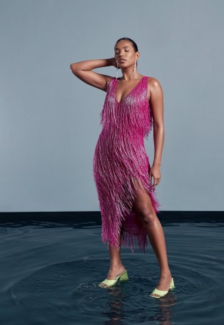 peace + love pink beaded fringe midaxi dress / shimmering sleeveless bead covered evening dresses / glamorous fringed going out fashion / party glamour