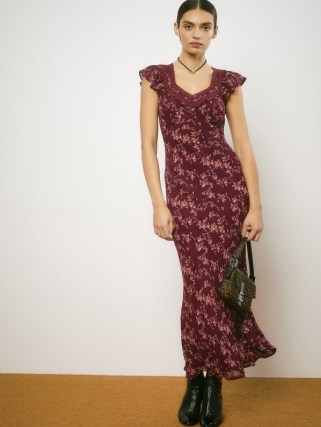 REFORMATION Pearce Dress in Currant / floral lightweight georgette fitted slip dresses - flipped
