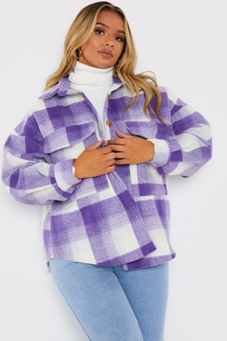 PERRIE SIAN PURPLE CHECK SHACKET ~ women’s checked shirt jackets ~ on-trend celebrity inspired fashion ~ womens shackets