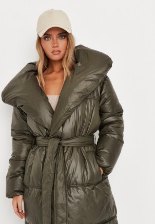MISSGUIDED petite olive padded duvet puffer coat ~ womens green on trend tie waist coats ~ women’s fashionable winter outerwear - flipped