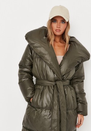 MISSGUIDED petite olive padded duvet puffer coat ~ womens green on trend tie waist coats ~ women’s fashionable winter outerwear