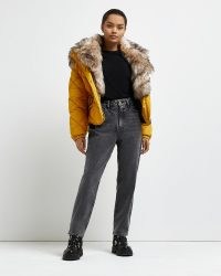 River Island Petite yellow quilted puffer coat – faux fur trimmed hooded coats – womens padded winter outerwear