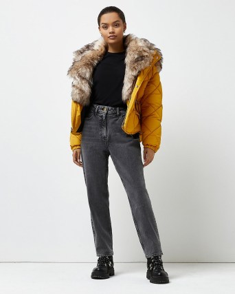 River Island Petite yellow quilted puffer coat – faux fur trimmed hooded coats – womens padded winter outerwear - flipped