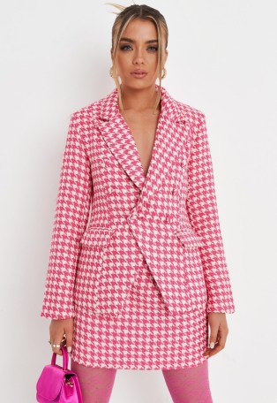 MISSGUIDED pink co ord houndstooth boucle military blazer / dogtooth check blazers / womens on-trend checked jackets - flipped
