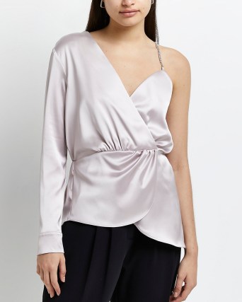 RIVER ISLAND Pink diamante trim one shouldered satin top ~ glamorous asymmetric one sleeve tops