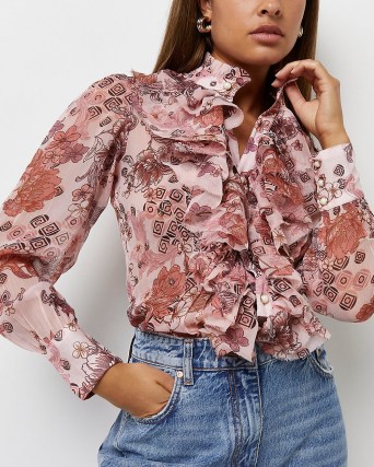 RIVER ISLAND Pink floral ruffled blouse ~ romantic ruffled front blouses ~ feminine frill detail shirts - flipped