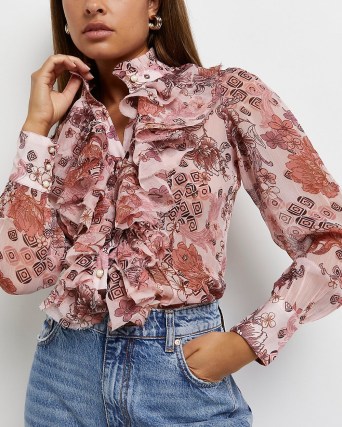 RIVER ISLAND Pink floral ruffled blouse ~ romantic ruffled front blouses ~ feminine frill detail shirts