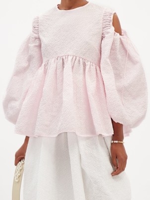 CECILIE BAHNSEN Janis peplum-hem frost-cloqué top in pink | feminine volume sleeve tops | romantic cut out blouses - flipped