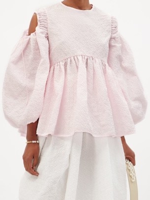 CECILIE BAHNSEN Janis peplum-hem frost-cloqué top in pink | feminine volume sleeve tops | romantic cut out blouses
