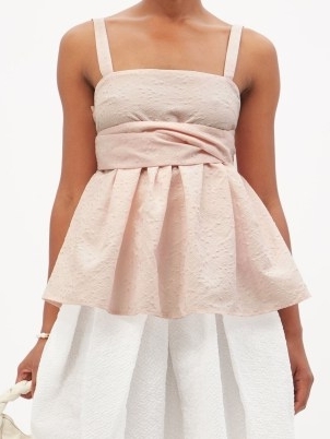 CECILIE BAHNSEN Josie peplum-hem cotton-blend matelassé top in pink | feminine square neck tops | romance inspired fashion - flipped