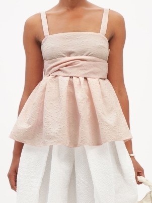 CECILIE BAHNSEN Josie peplum-hem cotton-blend matelassé top in pink | feminine square neck tops | romance inspired fashion