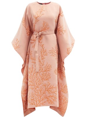TALLER MARMO Los Corales belted jacquard dress in pink ~ wide sleeve tie waist kimono style dresses ~ draped occasion fashion - flipped