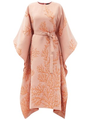 TALLER MARMO Los Corales belted jacquard dress in pink ~ wide sleeve tie waist kimono style dresses ~ draped occasion fashion