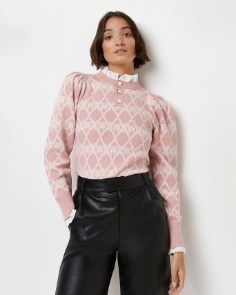 River Island PINK PIE CRUST COLLAR KNITTED JUMPER | vintage inspired knitwear | high ruffle neck jumpers - flipped