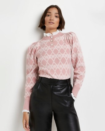 River Island PINK PIE CRUST COLLAR KNITTED JUMPER | vintage inspired knitwear | high ruffle neck jumpers