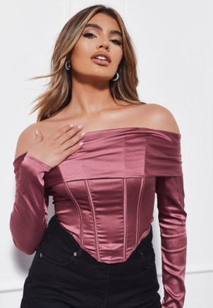 MISSGUIDED pink satin bardot corset top – structured fitted bodice off the shoulder tops - flipped