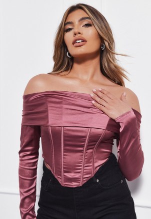 MISSGUIDED pink satin bardot corset top – structured fitted bodice off the shoulder tops