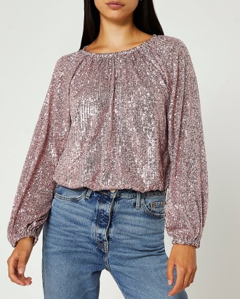 RIVER ISLAND PINK SEQUIN GATHERED BLOUSE ~ sequinned blouses / tops - flipped