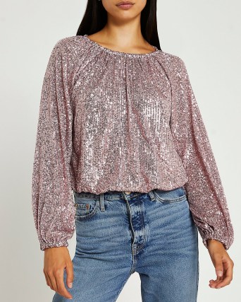 RIVER ISLAND PINK SEQUIN GATHERED BLOUSE ~ sequinned blouses / tops